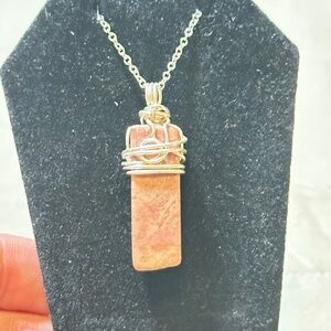 925 Sterling Silver Wire Wrapped Pink Rhodonite Stone Crystal Pendant
